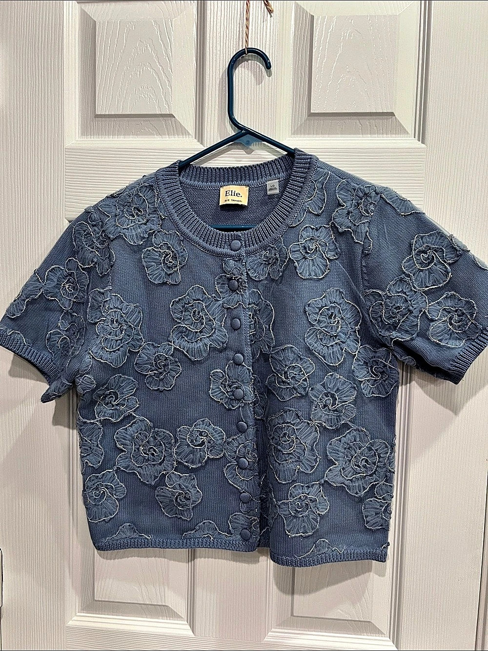 Elie Tahari Floral Embroidered Sweater Cardigan Blue Large